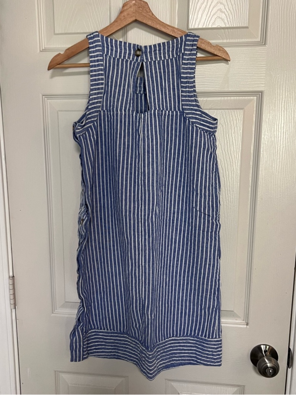 For Cynthia Women’s Blue White Stripe Linen Sleeveless Shift Dress Side Buttons - Picture 4 of 16